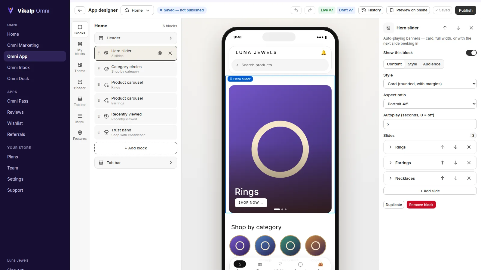 The app designer: blocks on the left, the phone preview in the middle