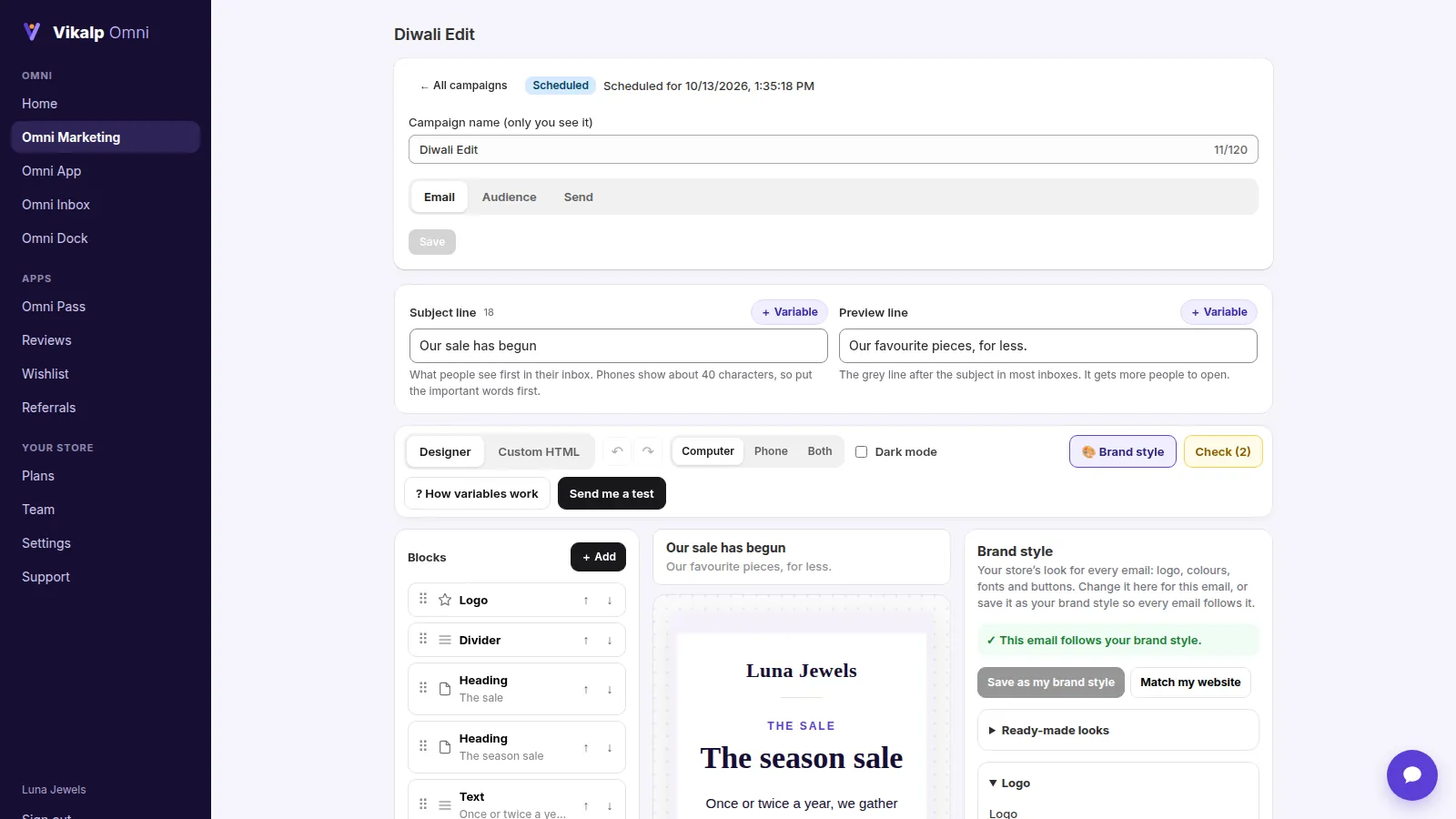 The email designer with blocks, a live preview and the brand style