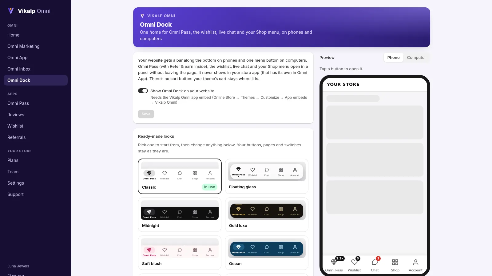 Omni Dock settings with ready-made looks and a phone preview